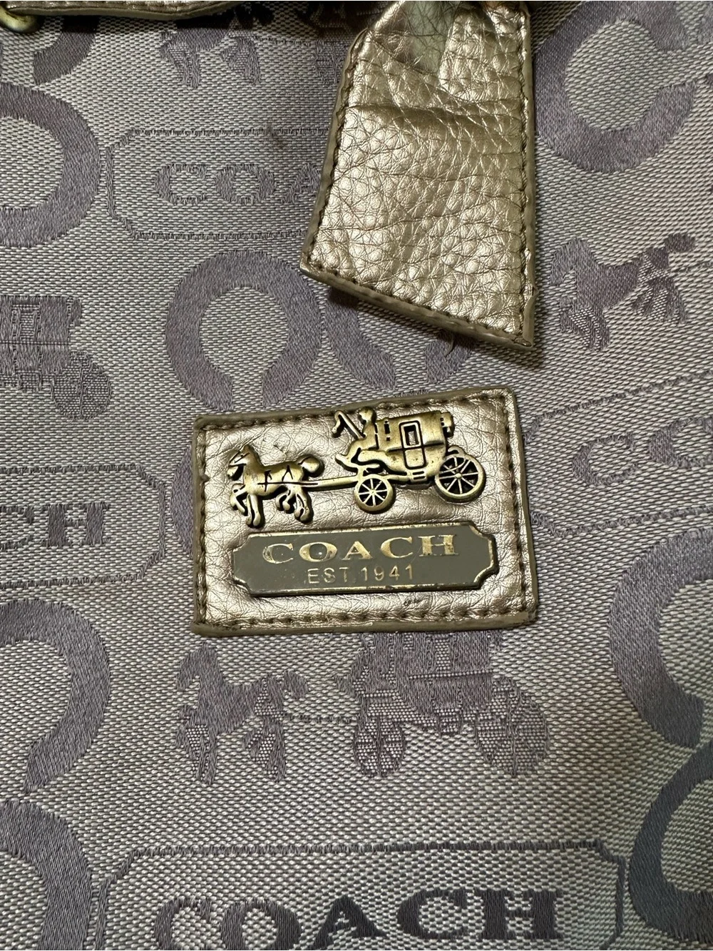 Coach Taupe Signature Tote with Metallic Gold Bow Accents